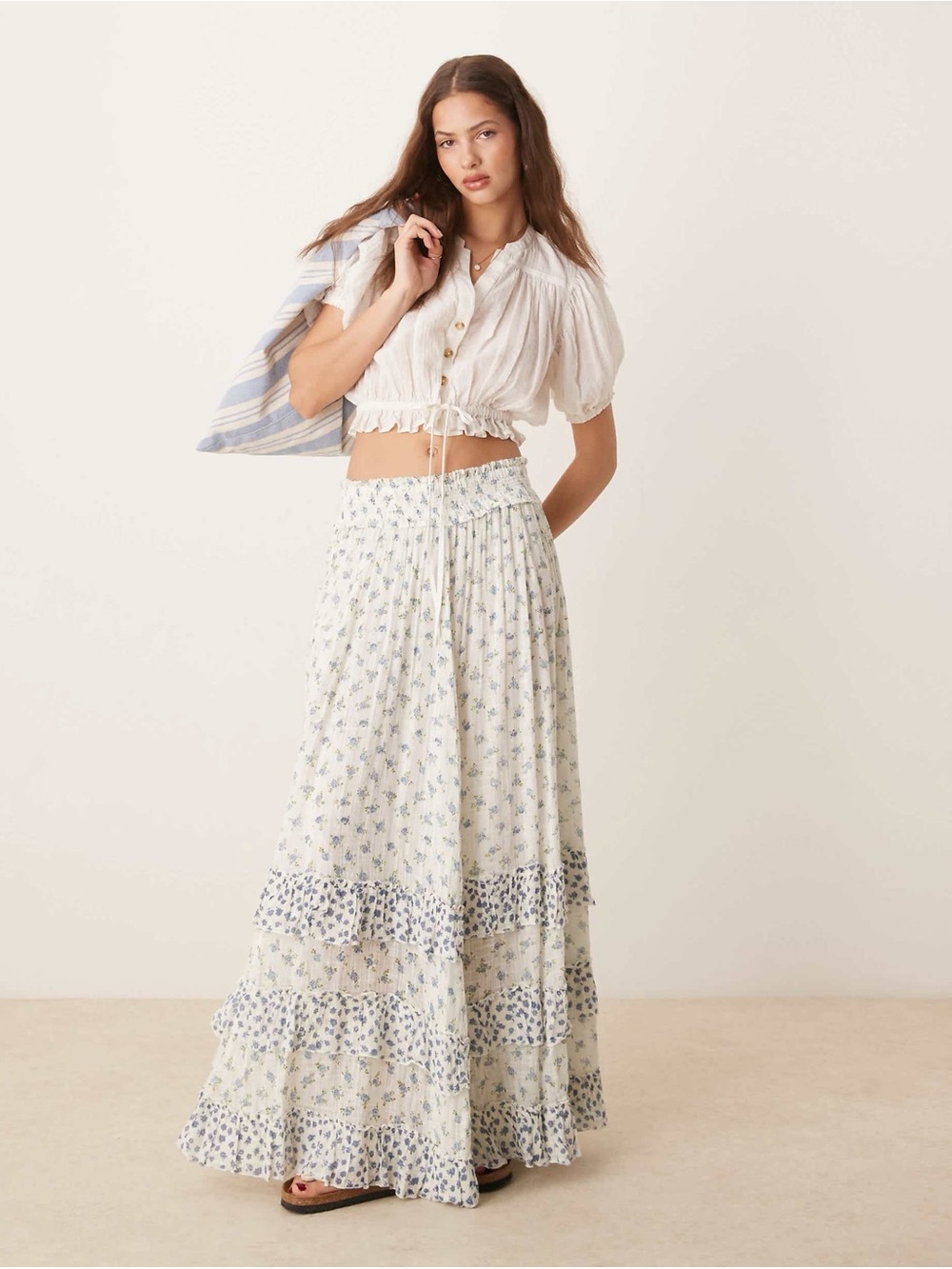 Free People Brynn Printed Ruffle Maxi Skirt Ditsy Ivory Combo Small
